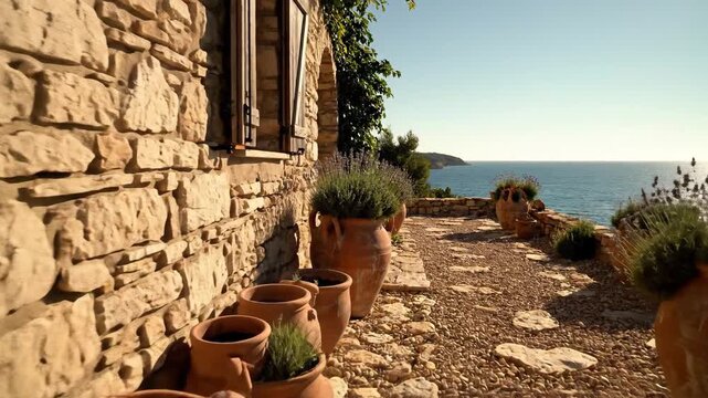 Charming exterior of old stone house in traditional Mediterranean style, with rustic garden terrace, rocky soil, Panoramic views of sea, gravel paths and surrounded by Terracotta herbs pots