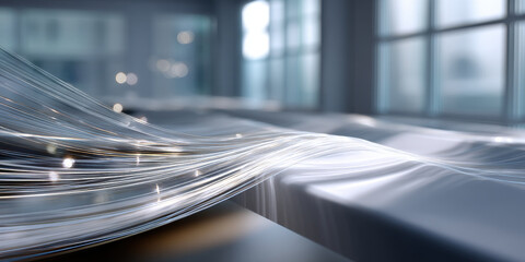 Futuristic holographic fiber weaving in modern studio, luminous flowing threads creating motion