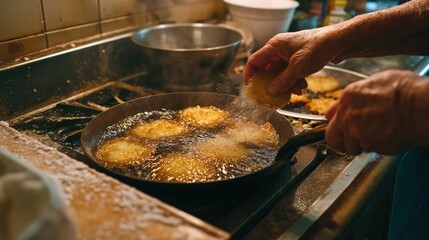 Man frying latkes in home kitchen pan
