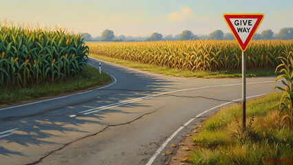 Country road with yield sign surrounded by cornfields in summer  