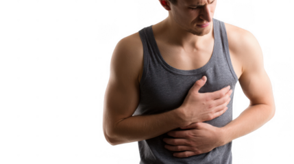 Young man with red t shirt is suffering from severe abdominal pain, bending over and holding his stomach with both hands, with a transparent background