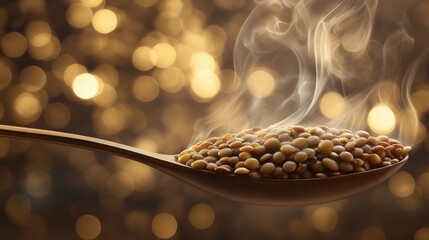 Hot steaming spoon of lentils with golden background

