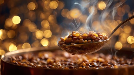 Steaming spoonful of cooked beans with warm bokeh lights
