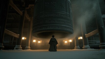 Monk kneeling beneath massive temple bell in snowy hall
