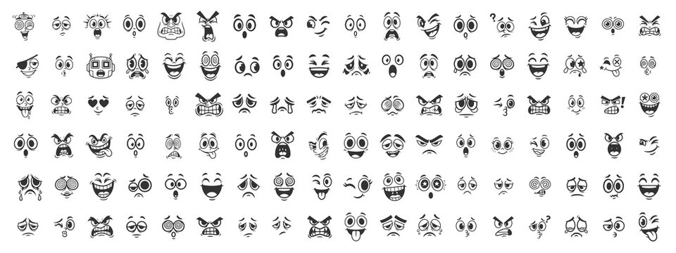 Cute Character Face Icons, Line Art Drawing of Animated Expressions, Emotional Set