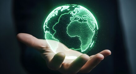 Hand Holding Holographic Earth Globe - Digital World, Technology, Future, Global Network Concept