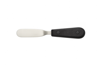 Metal butter spreader with black handle on transparent background