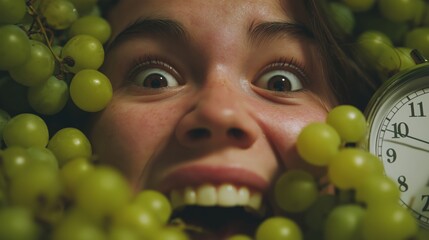 Funny close-up portrait surrounded by grapes and clock
