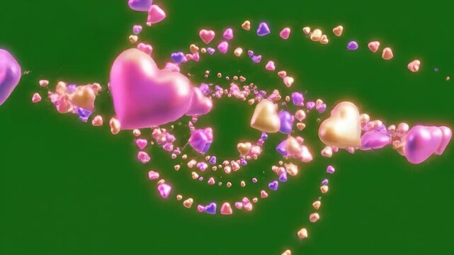 Shimmering gold, pink, and violet hearts forming a swirling pattern on greenscreen. Motion graphics element for Valentines day or romantic video.