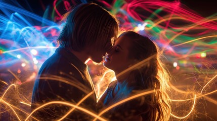 Romantic couple kissing amid vibrant neon trails
