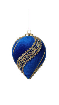 Royal blue velvet teardrop Christmas ornament with ornate gold braid embroidery and sparkling crystal accents isolated.