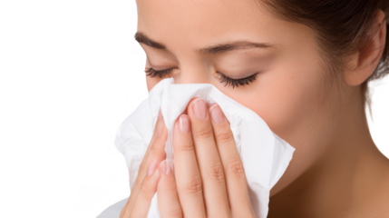 Close up view of a sick young woman sneezing into a tissue, emphasizing the themes of illness and hygiene against a transparent background, capturing the struggle with cold and flu symptoms