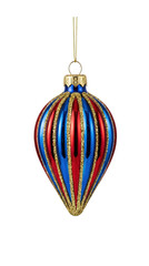 Shiny red and blue ribbed teardrop Christmas ornament with gold glitter accents isolated.