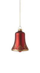 Matte red bell-shaped Christmas ornament with elegant gold filigree patterns along the rim isolated.