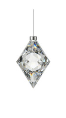 Brilliant clear crystal diamond-shaped Christmas ornament with sharp facets and light refraction isolated.
