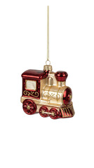 Shiny red and champagne gold steam locomotive Christmas ornament with gold glitter scroll patterns isolated.