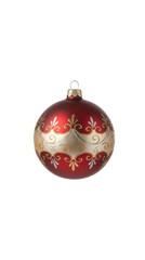 Matte red and gold Christmas ball ornament with elegant glitter scroll patterns and silver accents isolated.