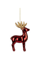 Shiny red reindeer Christmas tree ornament with elegant gold antlers isolated.