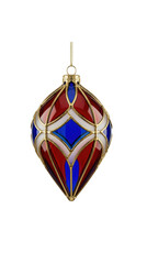 Luxurious stained-glass style Christmas ornament with red, royal blue, and white panels separated by intricate gold borders, isolated.