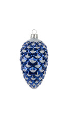 Shiny royal blue pinecone Christmas ornament with silver glitter accents on the edges of the scales isolated.