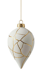 Elegant matte white onion-shaped Christmas ornament featuring a Kintsugi-style design with gold-filled cracks, isolated.