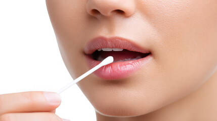 Close up of a woman collecting saliva sample using a cotton swab, with transparent background, ideal for healthcare and diagnostics concepts