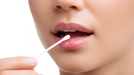 Close up of a woman collecting saliva sample using a cotton swab, with transparent background, ideal for healthcare and diagnostics concepts
