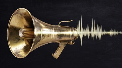 Obraz premium amplifier. Vintage brass megaphone with sound wave visualization, representing communication concept. product launch decks.