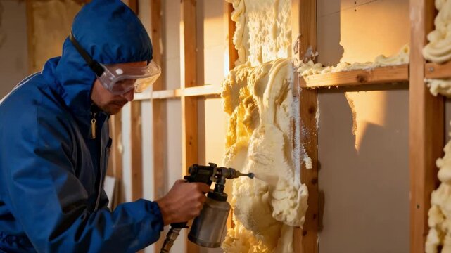 Closeup medium shot of a worker spraying intumescent fireretardant foam along a wall frame to enhance fire resistance.