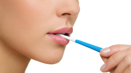 Naklejka premium Close up of a woman using a thermometer to measure her body temperature, set against a transparent background, emphasizing health and wellness