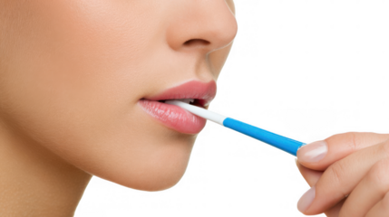 Close up of a woman using a thermometer to measure her body temperature, set against a transparent background, emphasizing health and wellness