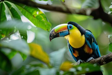 Fototapeta premium Colorful keel billed toucan perches on a branch surrounded by lush green foliage in a tropical rainforest