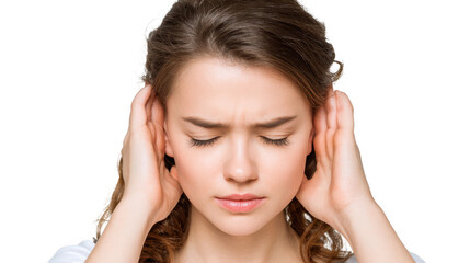 Obraz premium Young woman covering her ears with her hands, struggling with the distress of tinnitus, feeling pain and discomfort, isolated against a transparent background