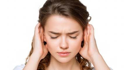 Young woman covering her ears with her hands, struggling with the distress of tinnitus, feeling pain and discomfort, isolated against a transparent background