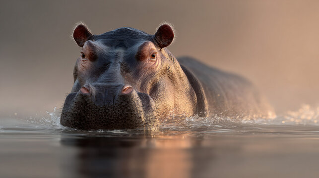 Hippopotamus emerging from water at sunrise