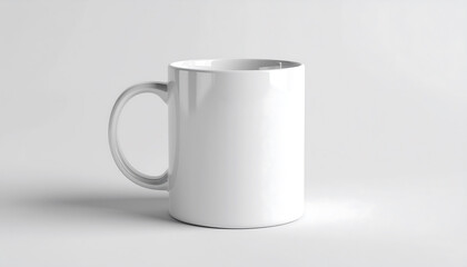 Fototapeta premium Clean white ceramic coffee mug on a plain light background, ready for customization or branding purposes.
