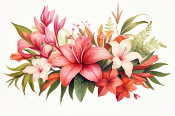 Elegant bouquet of diverse flowers blooming with vibrant colors, including lilies, hibiscus, and tropical foliage, creating a captivating display of natural beauty