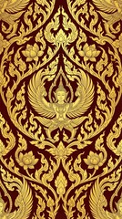 Luxury Thai Heritage Traditional Golden Kanok Pattern and Mythical Kinnara Figure on Maroon Background Illustration