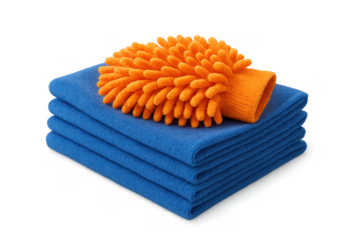 Stack of blue microfiber cleaning cloths with orange wash mitt on top, ready for car washing and home hygiene tasks