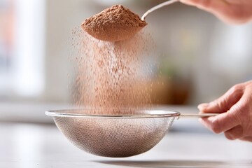 Adult hand sifting brown cocoa powder through metal sieve, fine powder falling into bowl below for baking.