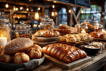 Bakery Display of Breads Pastries and Sweets on Wooden Table