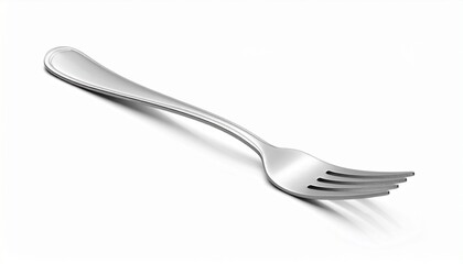 Stainless steel fork diagonally placed on white surface, polished finish, minimalist lighting and shadow.