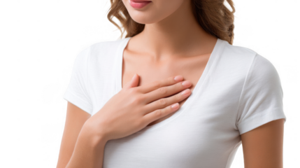 Young woman experiencing sudden chest pain, shortness of breath, heart attack or stroke symptoms, holding hand on chest, isolated on transparent background
