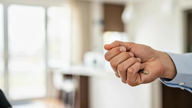 Real estate agent man giving house key to person, property purchase or rental process. Business deal exchange in office, relocation.