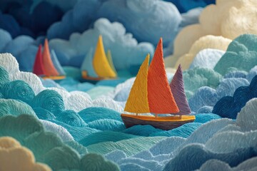Colorful sailing boats navigating the sea, artistic nautical scene.
