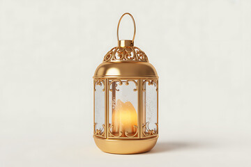Elegant gold lantern with lit candle inside decorative metal frame
