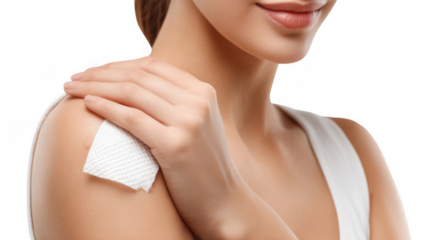 Smiling woman applying sterile gauze to her shoulder after receiving a vaccination, highlighted against a transparent background, emphasizing health and medical care