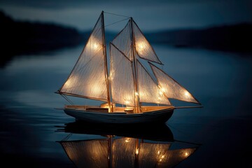 Lit sailboat reflecting on water at dusk or nighttime
