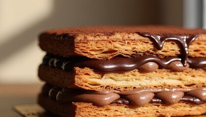 Close Up Of A Chocolate Millefeuille Cake With Layers Of Puff Pastry And Cream Dusted With Cocoa Powder In Natural Sunlight