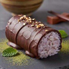 Chocolate Covered Sushi Roll With Purple Rice Topped With Nuts And Gold Leaf Served With Mint And Matcha Powder